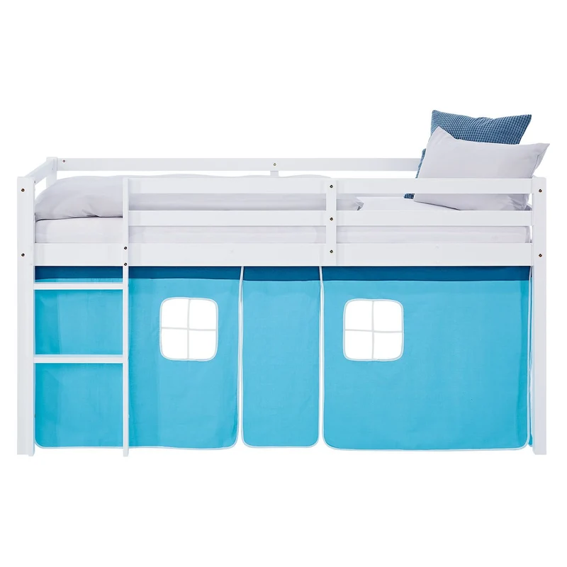 Lit mezzanine avec sommier à lattes 90x200cm avec échelle en bois laqué blanc et toile bleu incluse sans matelas LIT06248