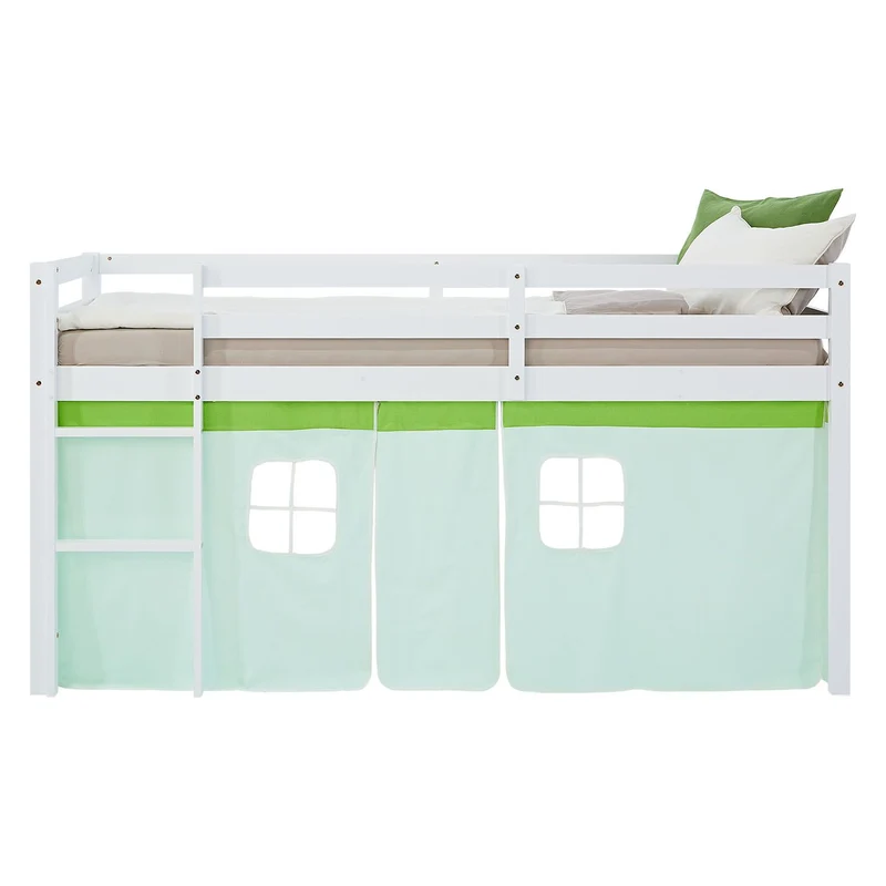 Lit mezzanine avec sommier à lattes 90x200cm avec échelle en bois laqué blanc et toile verte incluse sans matelas LIT06247