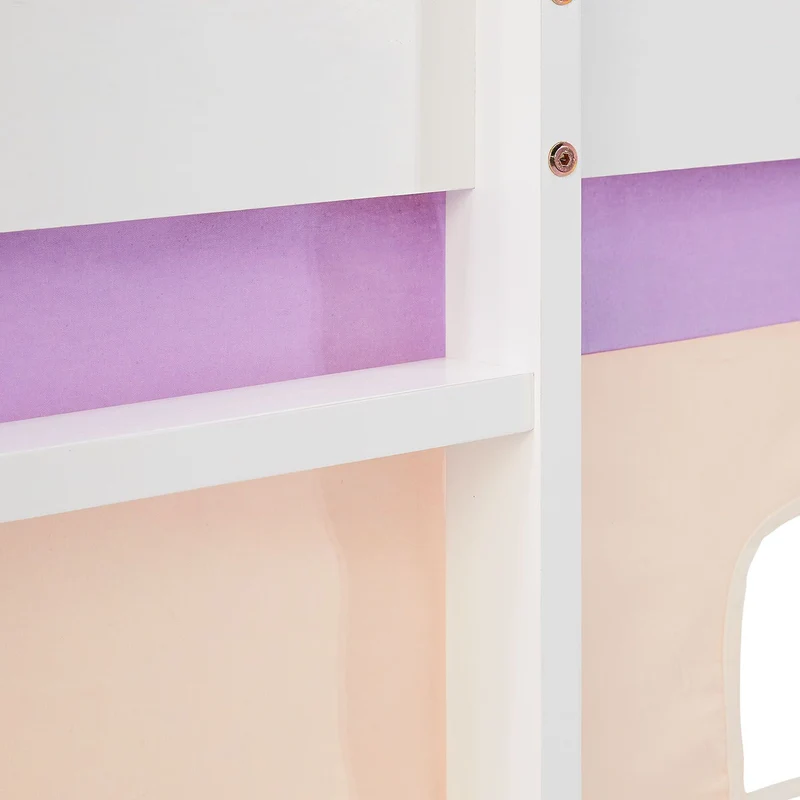 Lit mezzanine avec sommier à lattes 90x200cm avec échelle en bois laqué blanc et toile beige-lilas incluse sans matelas LIT06246