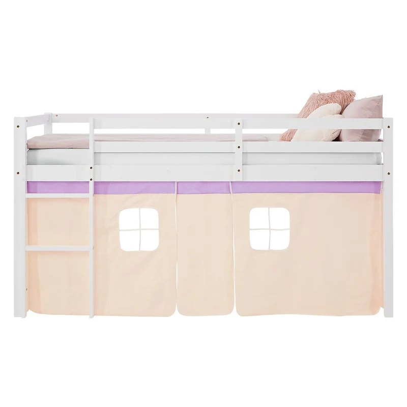 Lit mezzanine avec sommier à lattes 90x200cm avec échelle en bois laqué blanc et toile beige-lilas incluse sans matelas LIT06246