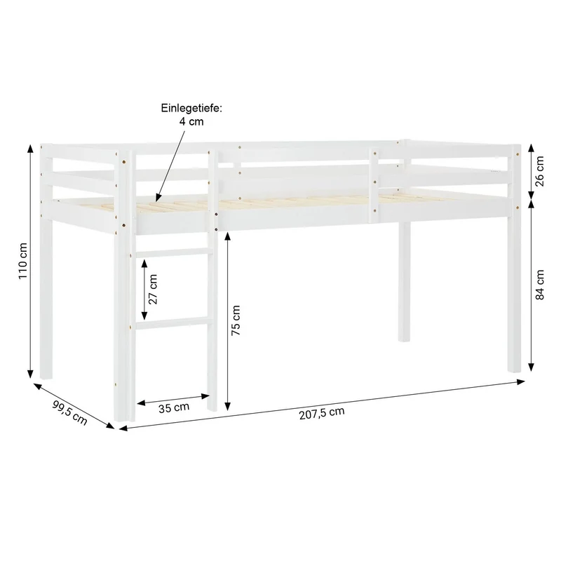 Lit mezzanine avec sommier à lattes 90x200cm avec échelle en bois laqué blanc et toile beige-lilas incluse sans matelas LIT06246