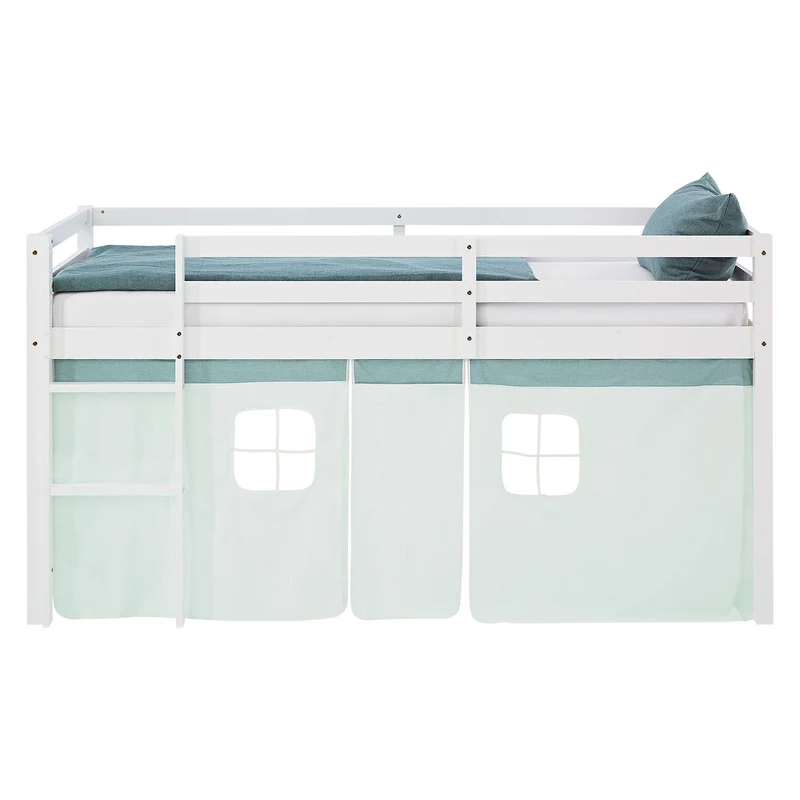 Lit mezzanine avec sommier à lattes 90x200cm avec échelle en bois laqué blanc et toile vert menthe incluse sans matelas LIT06245