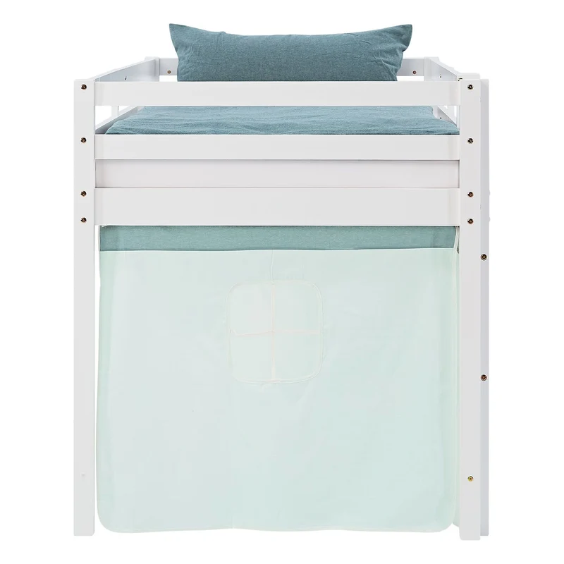 Lit mezzanine avec sommier à lattes 90x200cm avec échelle en bois laqué blanc et toile vert menthe incluse sans matelas LIT06245