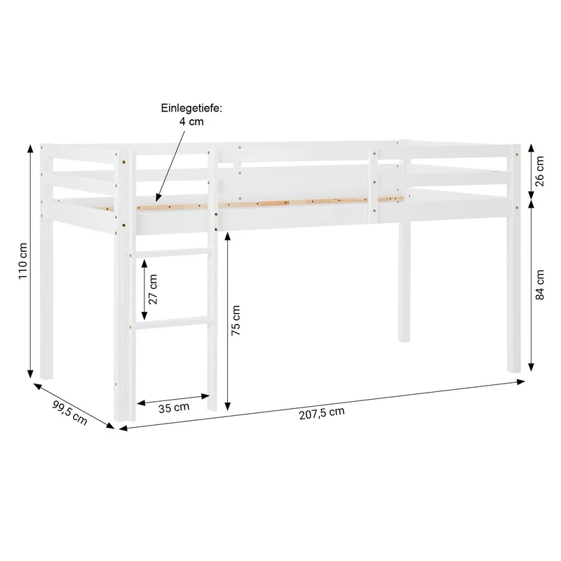 Lit mezzanine 90x200cm avec échelle en bois blanc et toile noir pirate LIT06121