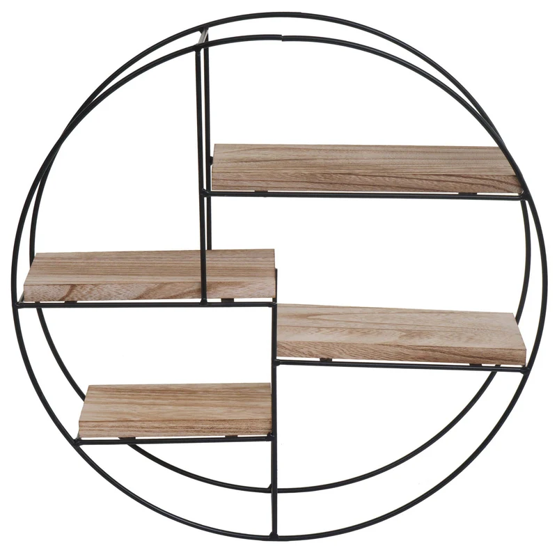 Étagère murale suspendue 4 niveaux en métal et bois naturel design industriel forme ronde 45 x 45 x 11 cm 04_0008663