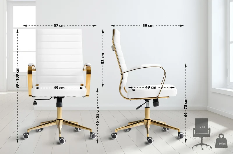 Fauteuil de bureau design chic dossier ergonomique en similicuir blanc cadre métal doré BUR10710