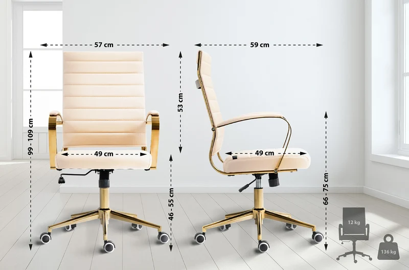 Fauteuil de bureau design chic dossier ergonomique en similicuir crème cadre métal doré BUR10711