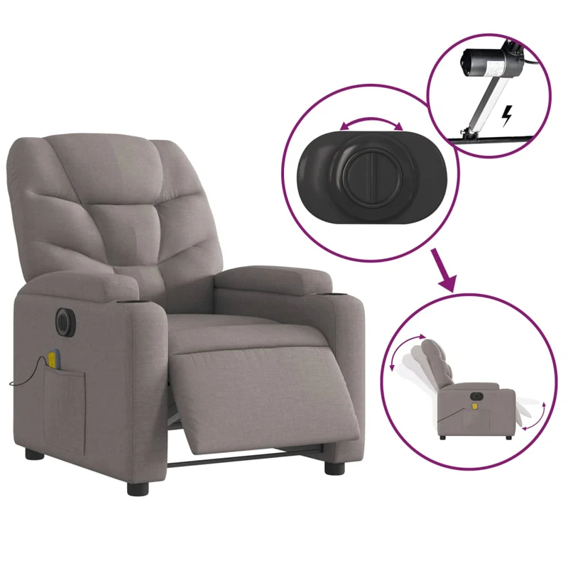 Fauteuil de relaxation TV fonction massage inclinable électrique en tissu taupe DEC027273