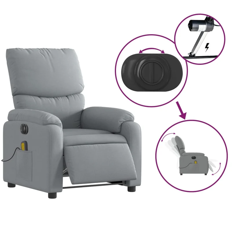 Fauteuil de relaxation TV fonction massage inclinable électrique 6 points de massage en tissu gris clair DEC027157