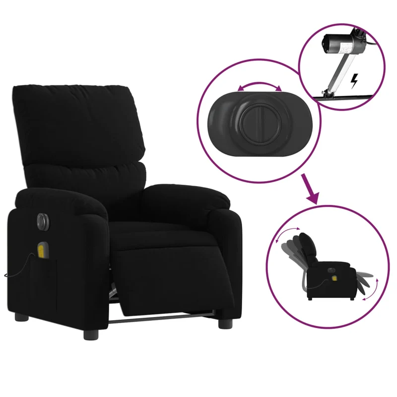 Fauteuil de relaxation TV fonction massage inclinable électrique 6 points de massage en tissu noir DEC027228