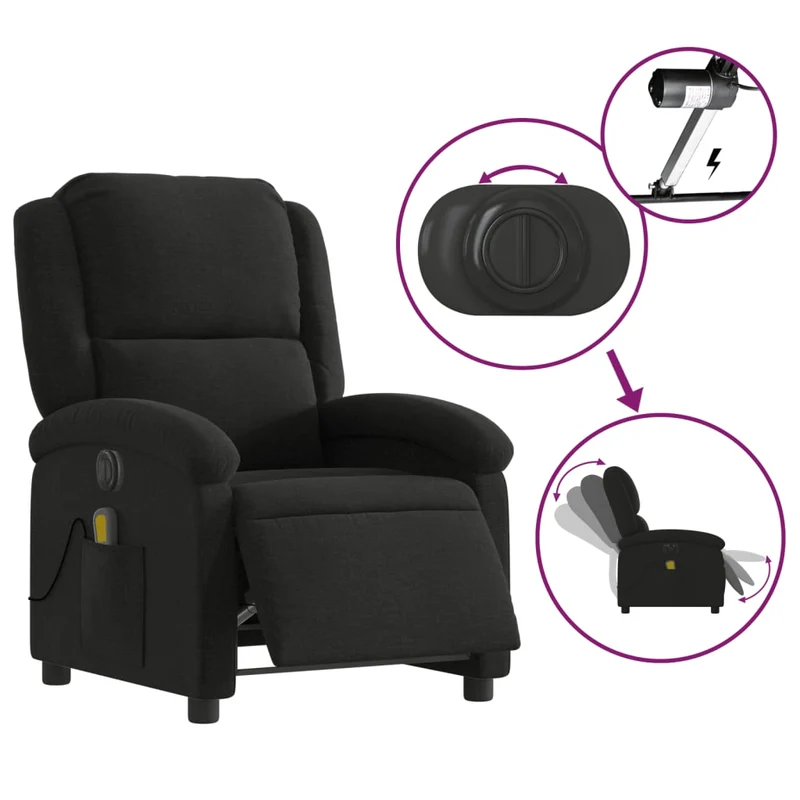 Fauteuil de relaxation TV fonction massage inclinable électrique 6 points de massage en tissu noir DEC027225
