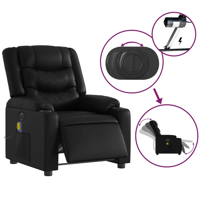 Fauteuil de relaxation TV fonction massage inclinable électrique 6 points de massage en PVC noir DEC027216