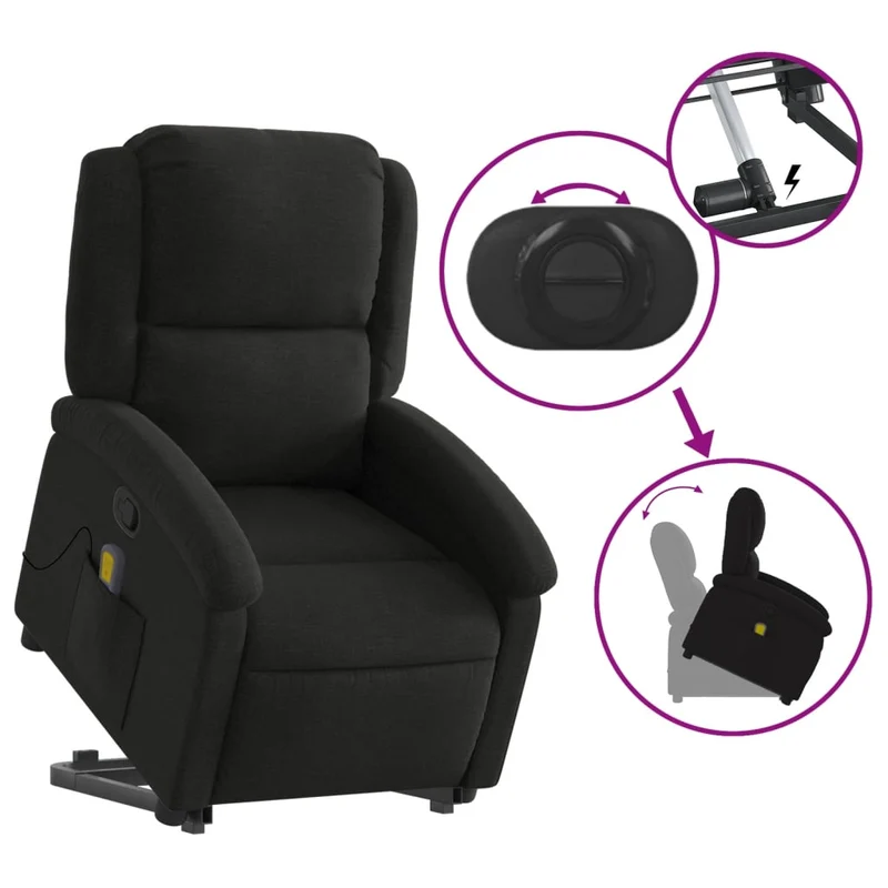 Fauteuil de relaxation TV fonction massage inclinable levage électrique en tissu noir DEC027069