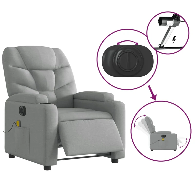 Fauteuil de relaxation TV fonction massage inclinable électrique 6 points de massage en tissu gris clair DEC027168