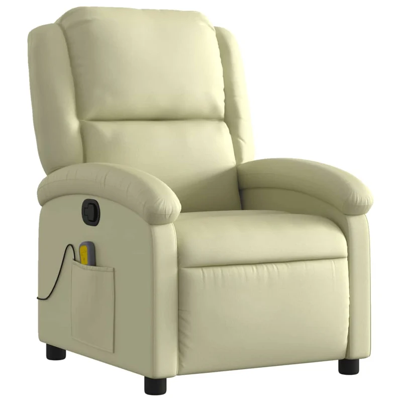 Fauteuil de relaxation TV fonction massage inclinable 6 points de massage en cuir véritable crème DEC026884