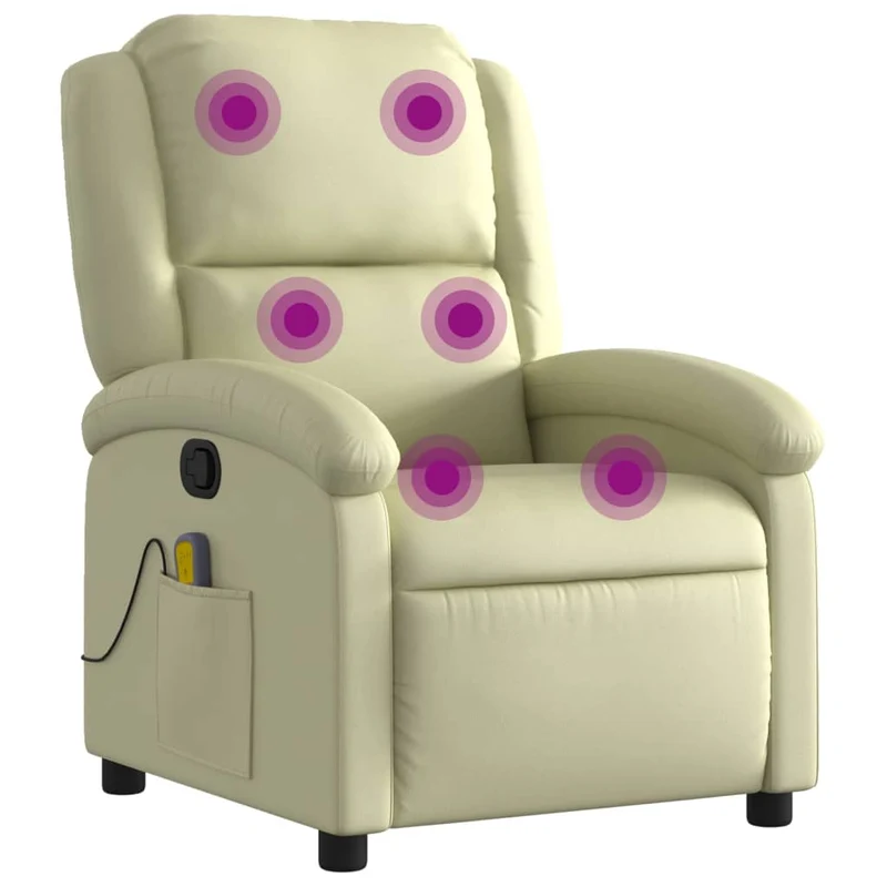 Fauteuil de relaxation TV fonction massage inclinable 6 points de massage en cuir véritable crème DEC026884
