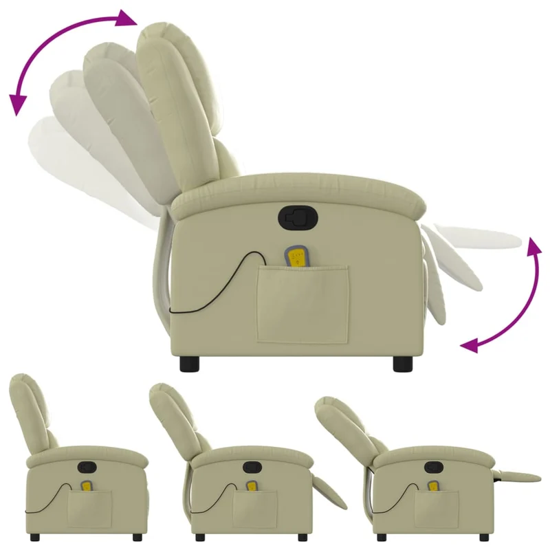 Fauteuil de relaxation TV fonction massage inclinable 6 points de massage en cuir véritable crème DEC026884
