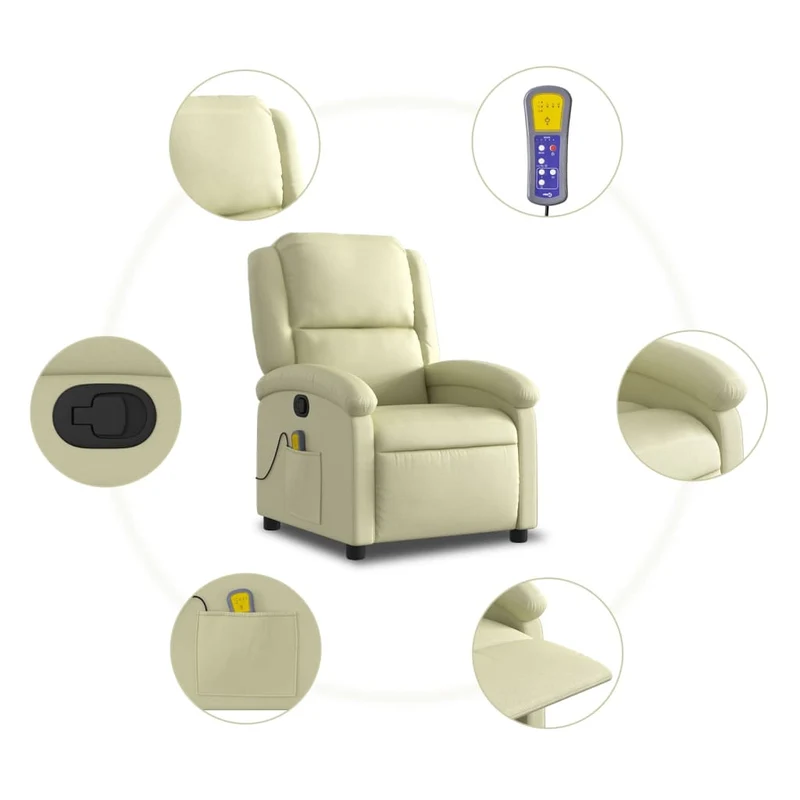 Fauteuil de relaxation TV fonction massage inclinable 6 points de massage en cuir véritable crème DEC026884