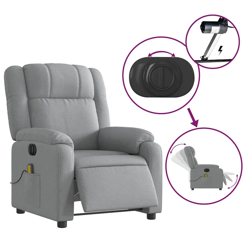 Fauteuil de relaxation TV fonction massage inclinable électrique 6 points de massage en tissu gris clair DEC027164