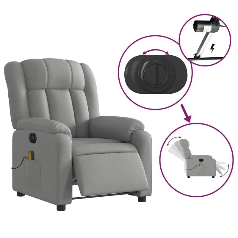Fauteuil de relaxation TV fonction massage inclinable électrique 6 points de massage en tissu gris clair DEC027160