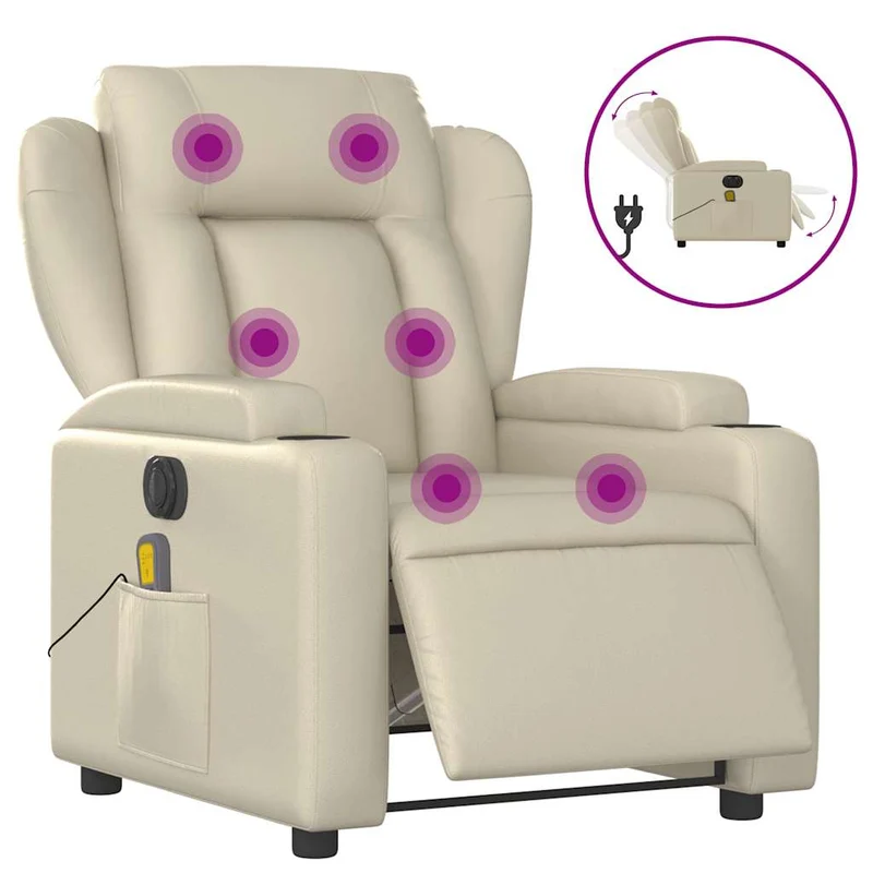 Fauteuil de relaxation TV fonction massage inclinable électrique 6 points de massage en PVC crème DEC027154