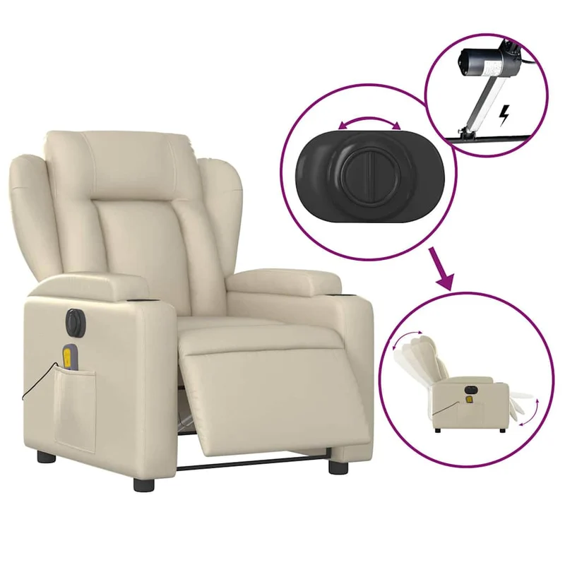 Fauteuil de relaxation TV fonction massage inclinable électrique 6 points de massage en PVC crème DEC027154