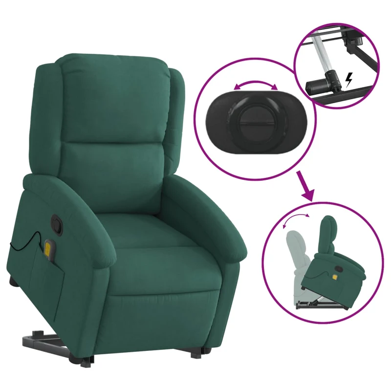 Fauteuil de relaxation TV fonction massage inclinable levage électrique en velours vert foncé DEC027131