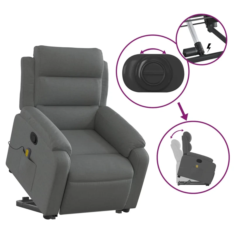 Fauteuil de relaxation TV fonction massage inclinable levage électrique en tissu gris foncé DEC026951