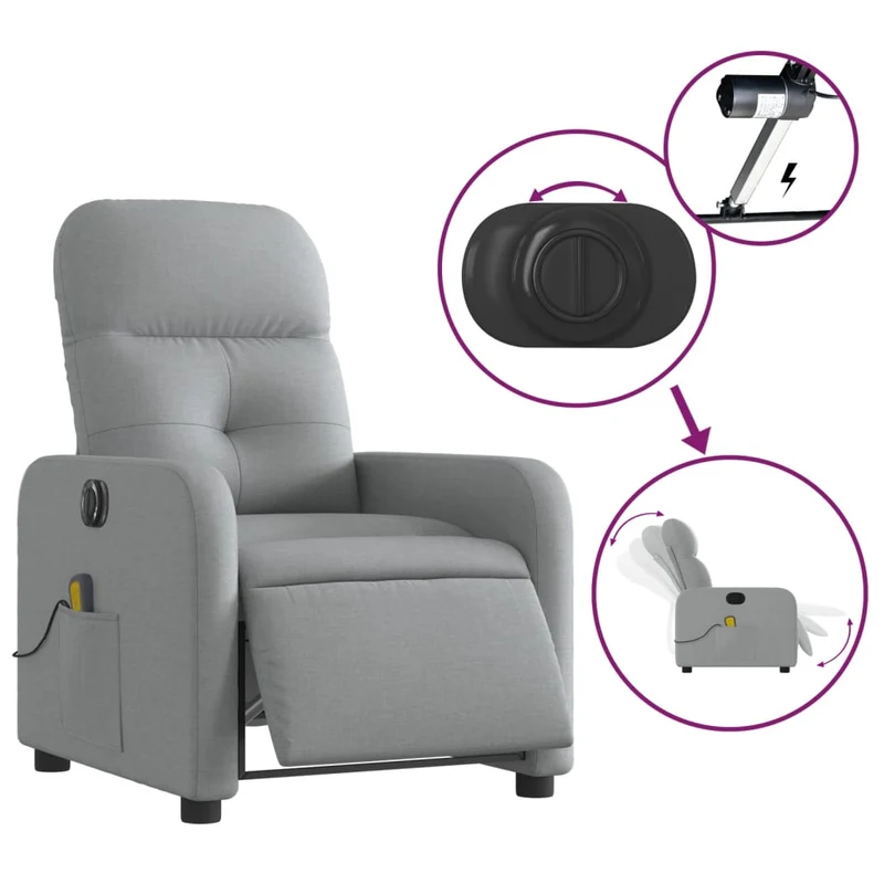 Fauteuil de relaxation TV fonction massage inclinable électrique 6 points de massage en tissu gris clair DEC027165