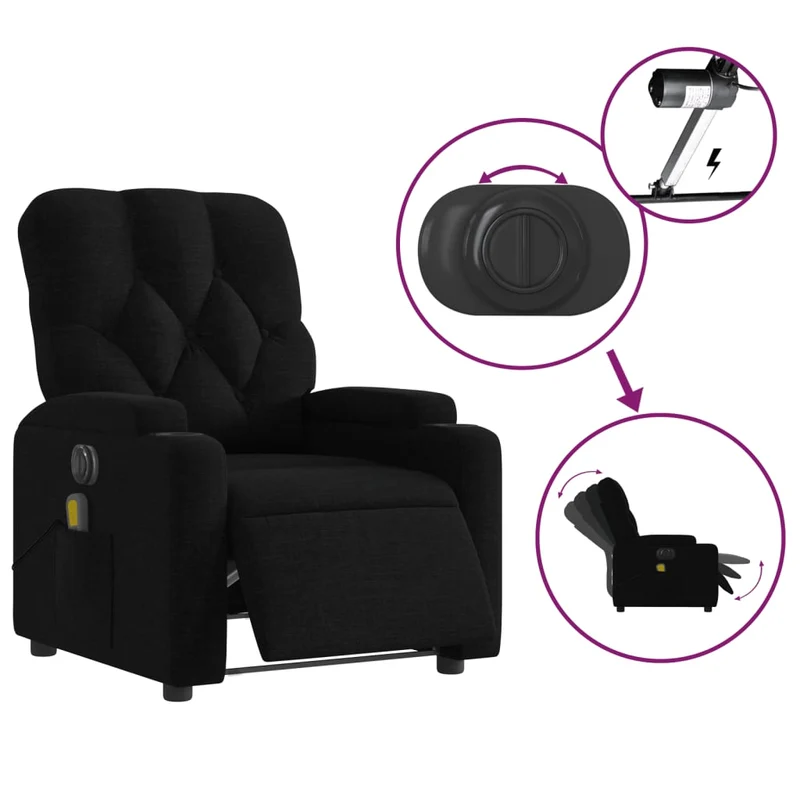 Fauteuil de relaxation TV fonction massage inclinable électrique massage par vibrations par 6 points en tissu noir DEC027221