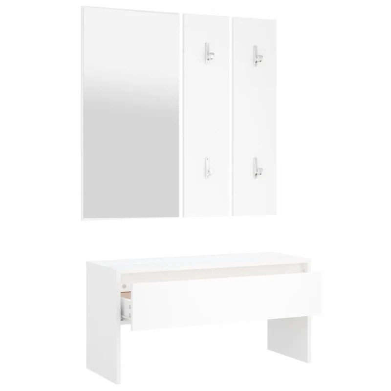 Ensemble de meubles de couloir entrée avec banc miroirs et porte-manteaux en bois d'ingénierie blanc DEC024971