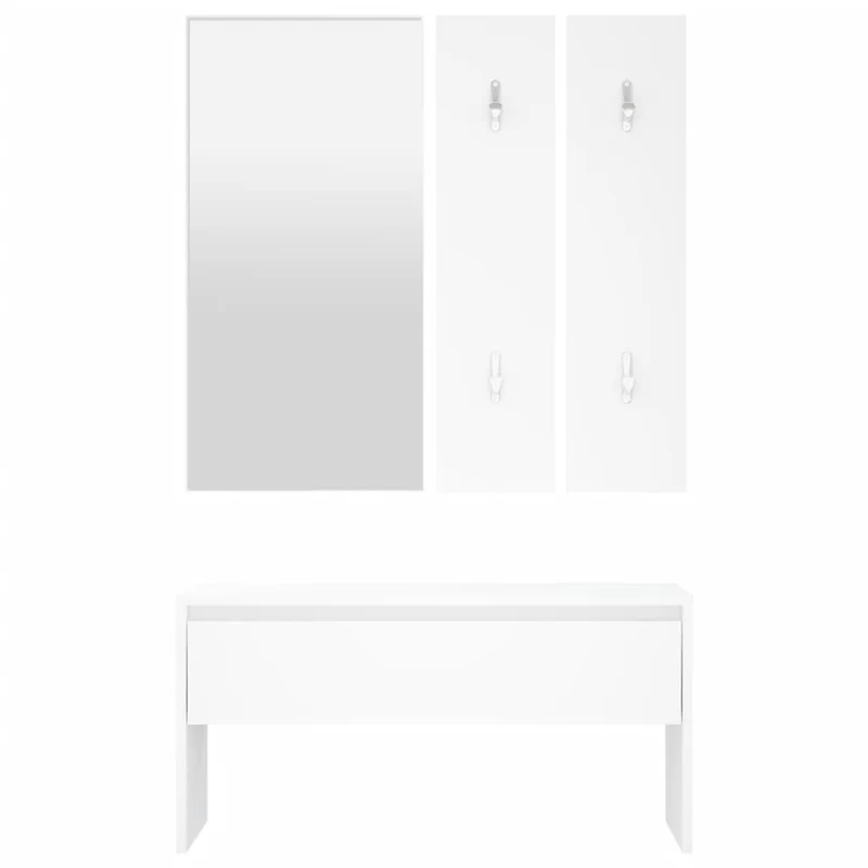 Ensemble de meubles de couloir entrée avec banc miroirs et porte-manteaux en bois d'ingénierie blanc DEC024971