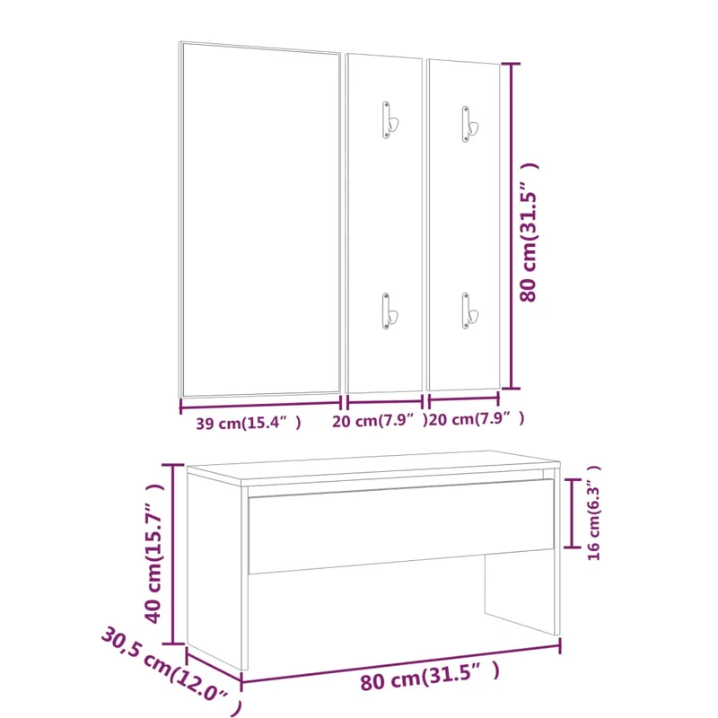 Ensemble de meubles de couloir entrée avec banc miroirs et porte-manteaux en bois d'ingénierie blanc DEC024971