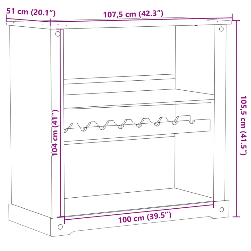 Armoire à vin design rustique avec compartiment de rangement 107,5 x 51 x 105,5 cm en bois de pin DEC024427