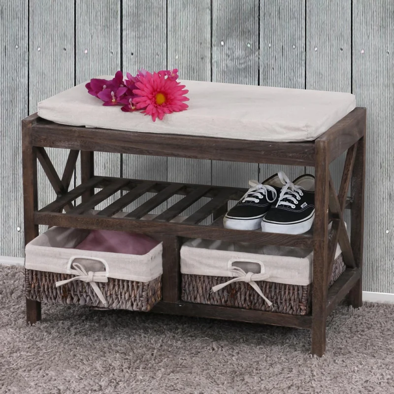 Étagère à chaussures banc banquette avec tiroirs de rangement look shabby vintage 45x65x34cm marron 04_0005159