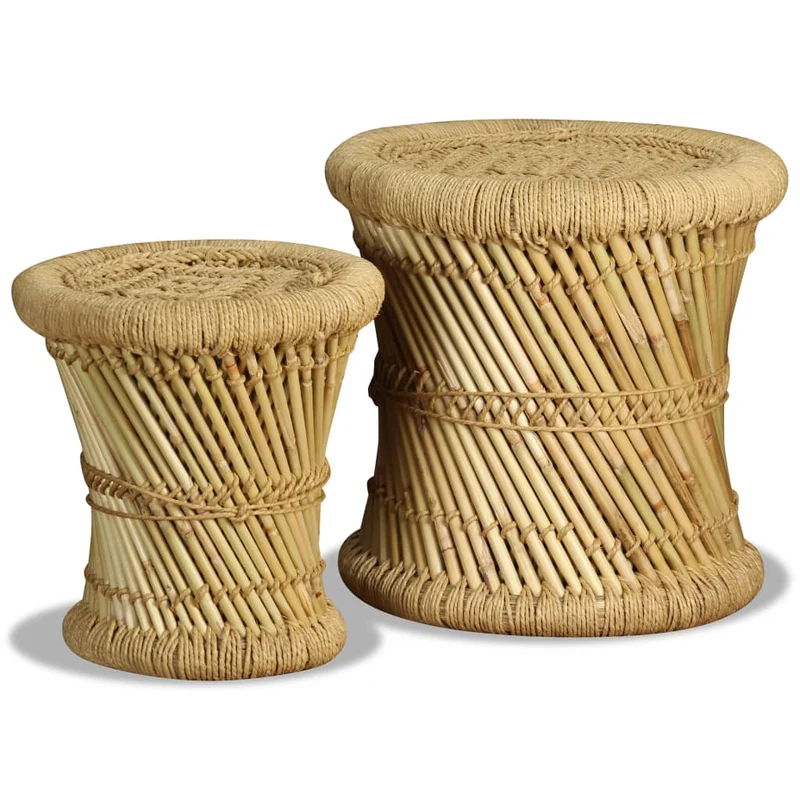 Lot de 2 tabouret assise poufs design rustique tissé en bambou et jute brun DEC026402