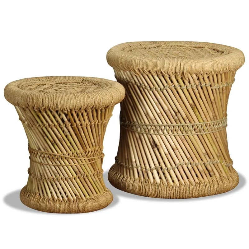 Lot de 2 tabouret assise poufs design rustique tissé en bambou et jute brun DEC026402
