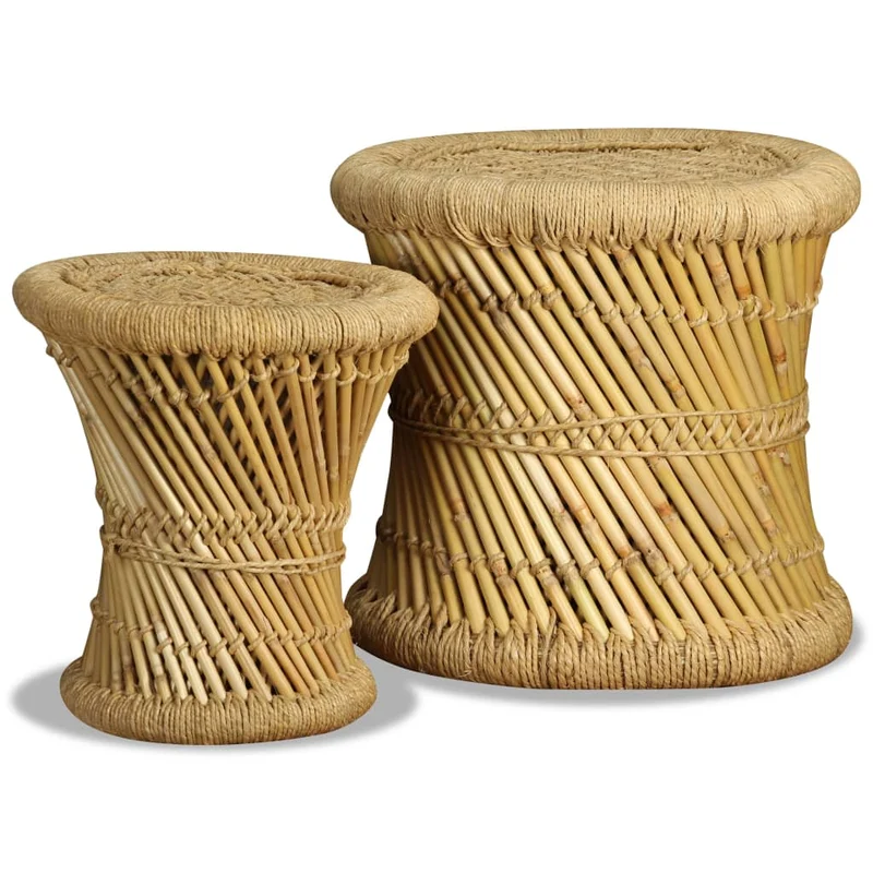 Lot de 2 tabouret assise poufs design rustique tissé en bambou et jute brun DEC026402