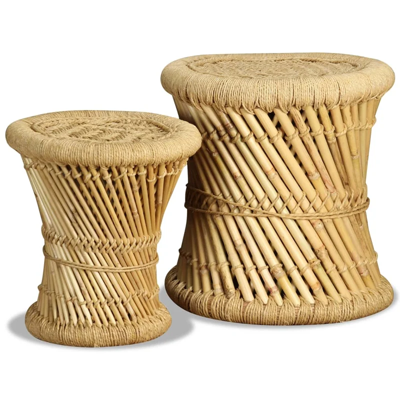 Lot de 2 tabouret assise poufs design rustique tissé en bambou et jute brun DEC026402