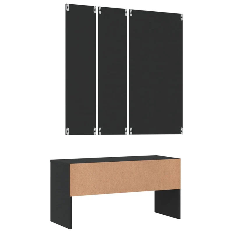 Ensemble de meubles de couloir d'entrée banc avec tiroir de rangement miroir et porte-manteaux en bois d'ingénierie noir DEC024972