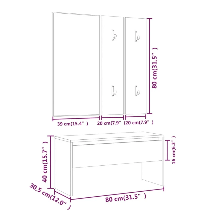 Ensemble de meubles de couloir d'entrée banc avec tiroir de rangement miroir et porte-manteaux en bois d'ingénierie noir DEC024972