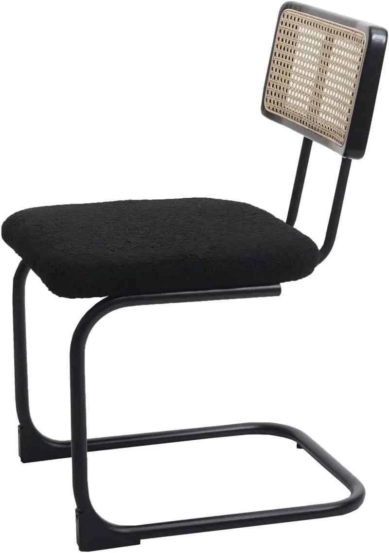 Lot de 2 chaises de salle à manger cuisine en bois rotin métal tissu/textile noir bouclé CDS04495