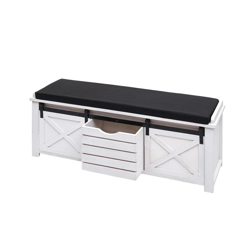 Banc avec compartiments de rangement banquette rembourrée en bois massif aspect vintage 43x102x33cm blanc 04_0001094