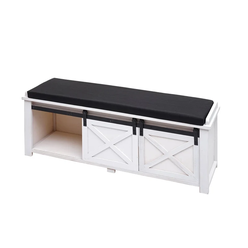 Banc avec compartiments de rangement banquette rembourrée en bois massif aspect vintage 43x102x33cm blanc 04_0001094