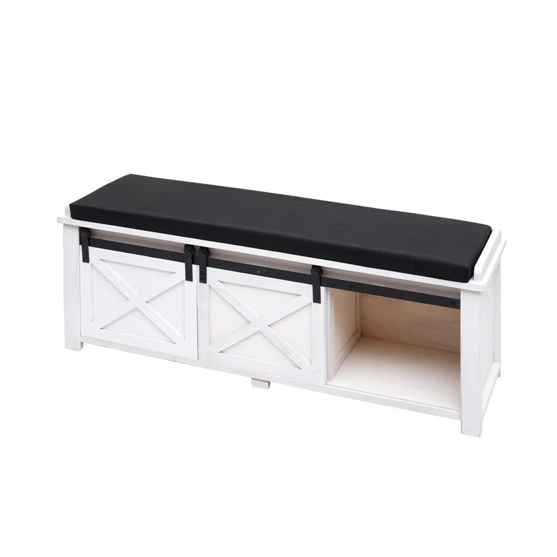 Banc avec compartiments de rangement banquette rembourrée en bois massif aspect vintage 43x102x33cm blanc 04_0001094