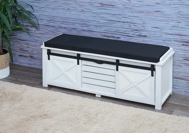 Banc avec compartiments de rangement banquette rembourrée en bois massif aspect vintage 43x102x33cm blanc 04_0001094