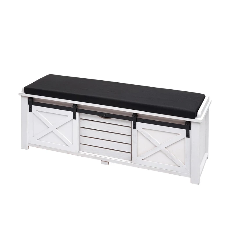 Banc avec compartiments de rangement banquette rembourrée en bois massif aspect vintage 43x102x33cm blanc 04_0001094