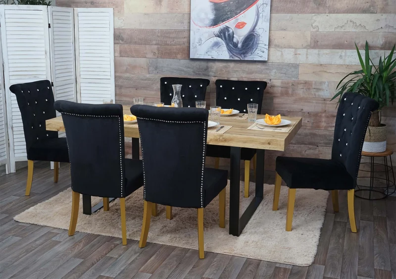 Lot de 6 chaises à manger en velours noir avec décoration bouton cristal pieds bois clairs 04_0000797