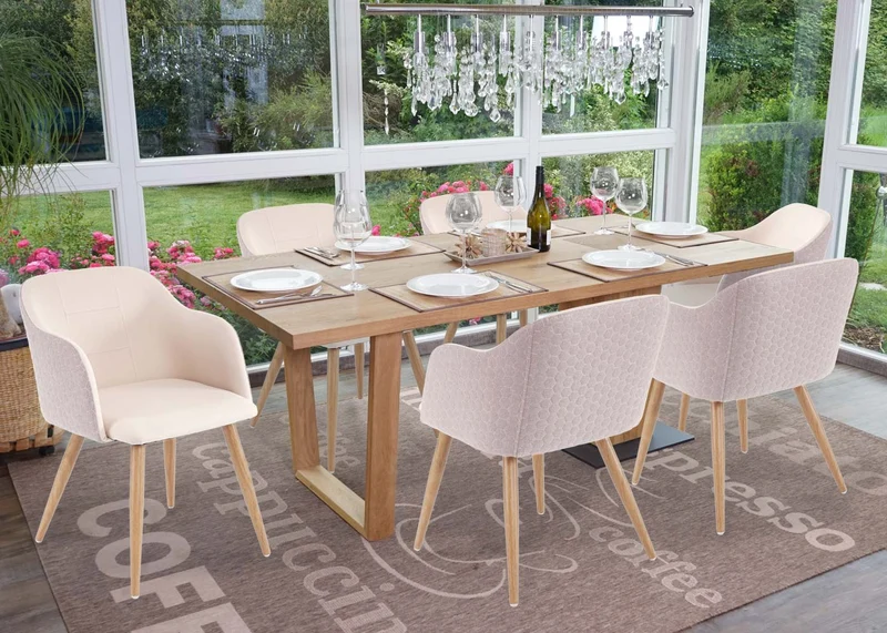 Lot de 6 chaises de salle à manger surface arrière aspect nid d'abeille avec accoudoirs en tissu crème beige 04_0000805