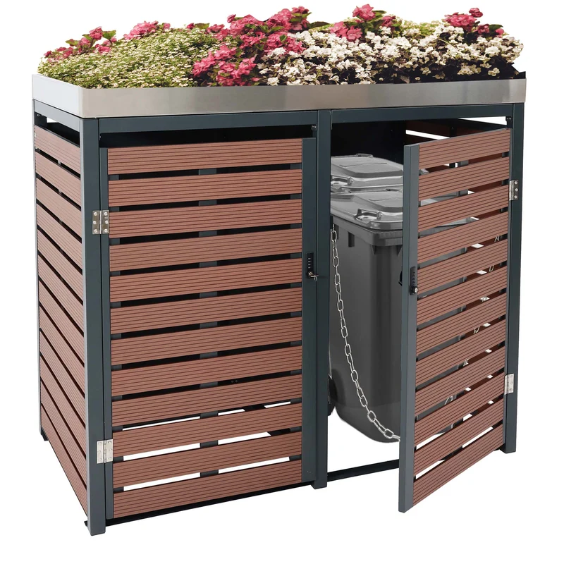 Abris poubelles verrouillable avec bac à plantes 124 x 146 x 102 cm wpc métal aspect bois de noyer 04_0007028